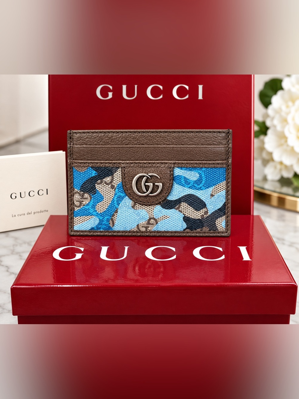 Gucci Brown Leather & Blue Camo GG Card Holder
